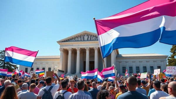 Protesters rally with transgender flags in front of Supreme Court, advocating against transgender sports bans.