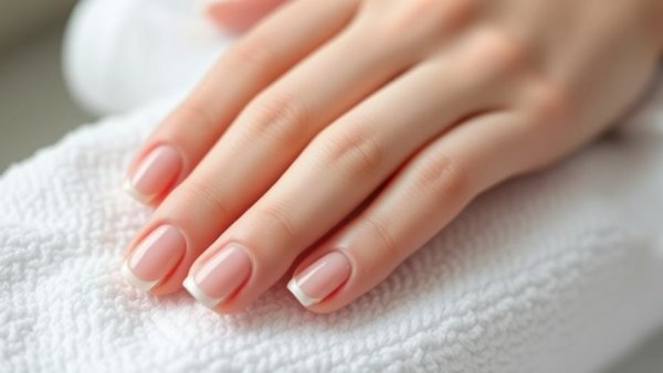 Cloudy French Manicure on elegant nails with subtle pink tint.