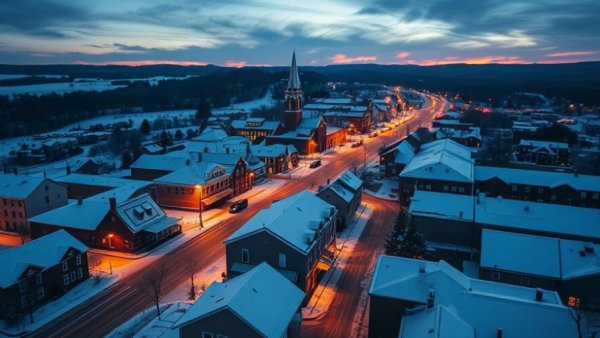 Snowy Pennsylvania town with illuminated streets in February evening.
