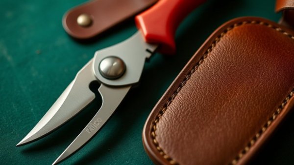 Felco pruning shears with red handles on green table beside leather sheath.