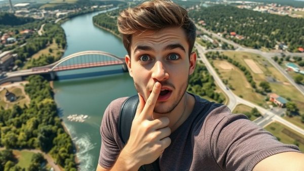 Surprised man over a scenic view of hidden Philadelphia suburbs.
