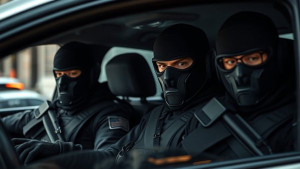 Tense masked officers in vehicle reflecting ICE crackdown on Native Americans.