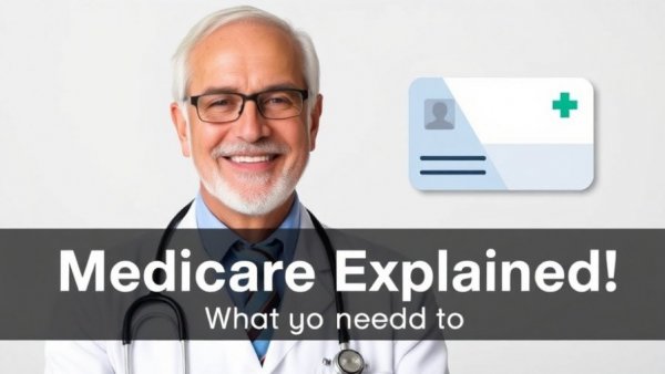 Medicare Explained: Parts A, B, C & D informative banner with doctor and card.