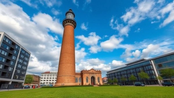 Historic Absecon Lighthouse amidst modern buildings.