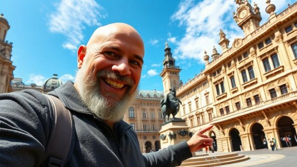 Balding man pointing at a statue in a historical square in Nancy, France.