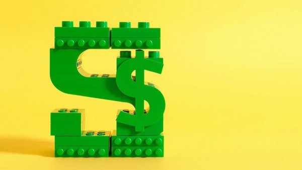 Playful LEGO dollar sign representing stock market simulators for young investors.