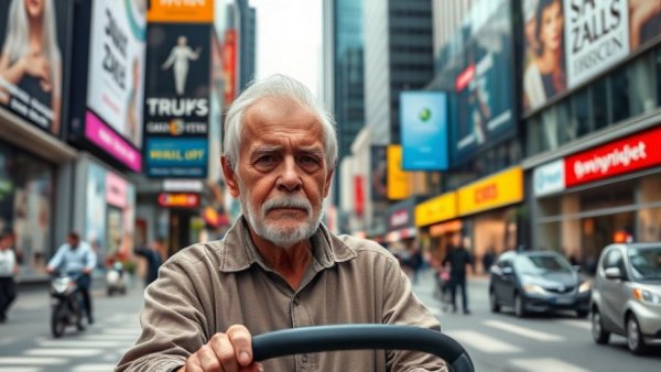 China population decline context: urban scene with man and stroller.