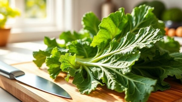 Fresh kale leaves on cutting board; antioxidants to delay menopause.