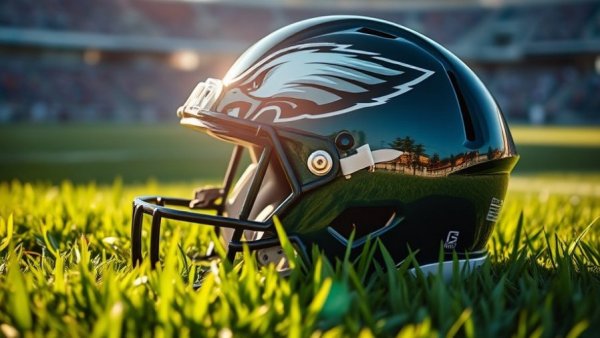 Philadelphia Eagles helmet on grass, vibrant sports image.