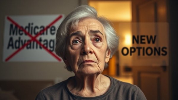 Older woman contemplating healthcare options in Medicare Advantage illustration.