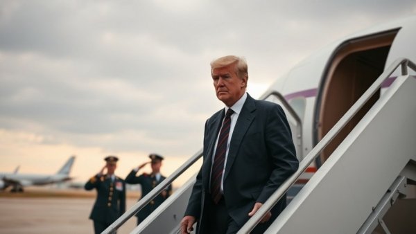 Trump Insurrection Act Minnesota protests, disembarking from plane with saluting personnel.