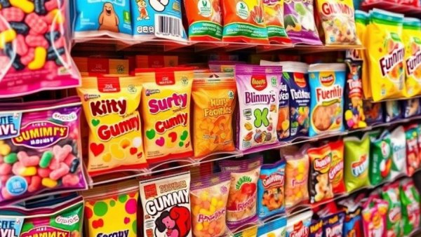 Colorful candy display in a shop, highlighting vivid gummy packaging.