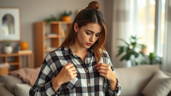 Young woman examining woolen plaid shirt for fungal and bacterial infections.