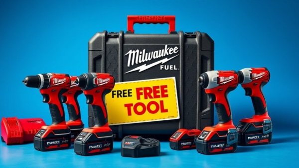 Milwaukee Tools Promotion: Red and black tools with blue background.