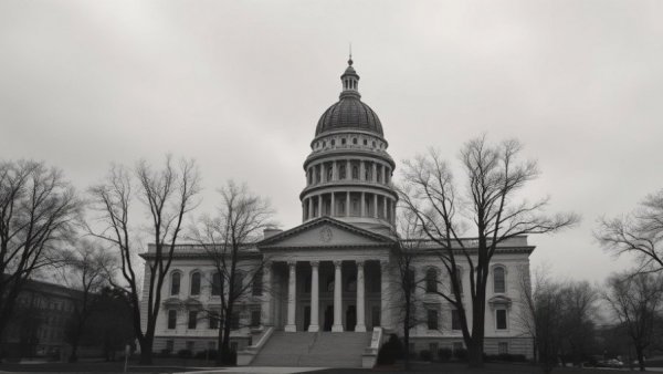 Historic New Hampshire state capitol building in black and white.