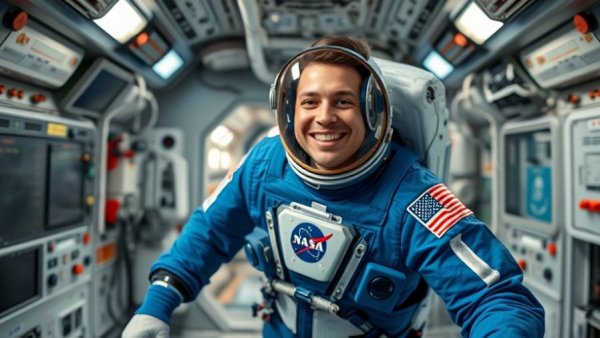 NASA astronaut in space suit smiling inside space station, early retirement.