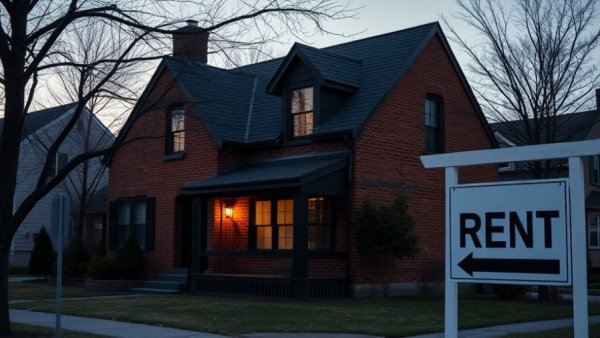 Rental Registries in Pennsylvania: Brick house with rent sign in twilight.