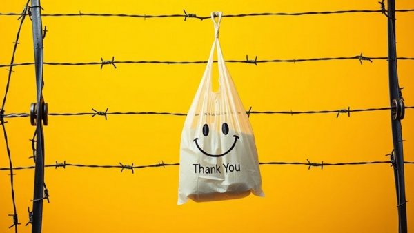Plastic bag with smiley face in front of barbed wire for no-spend challenge January