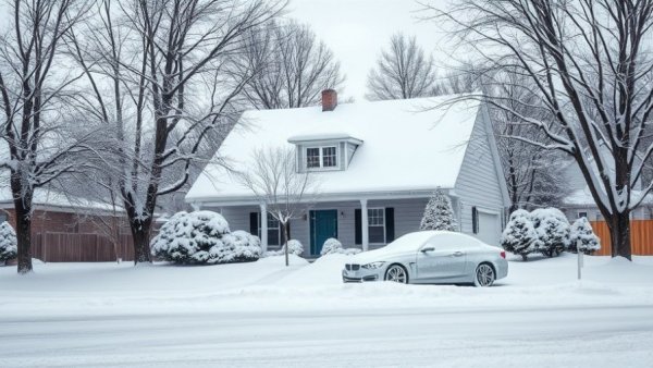 Suburban home and car covered in winter snow