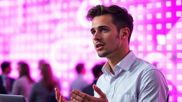 Tech conference discussion with a young man, Silicon Valley espionage investigation backdrop.