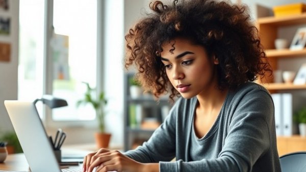 Young woman embracing active sitting benefits in home office.