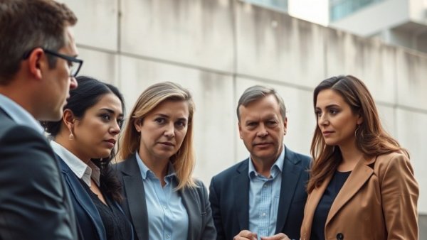 Professionals discussing outdoors in urban setting, soft daylight.