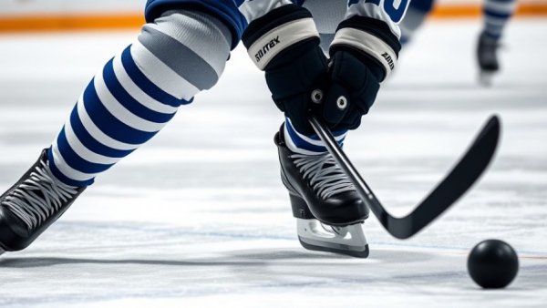 Close-up of ice hockey action with skates and puck, Nathan Pederson four-bagger.