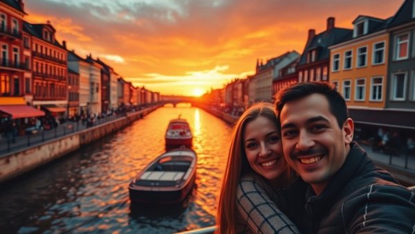 Travel Q&A overlay on sunset over a canal with a smiling couple.