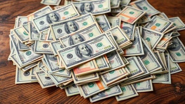 Various scattered hundred-dollar bills highlighting currency details.