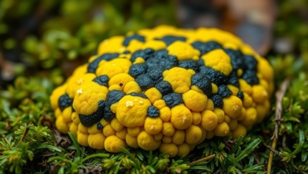 Vibrant dog vomit slime mold on moss close-up.