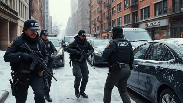 Federal agents detaining individual in Minneapolis street, snowy scene.