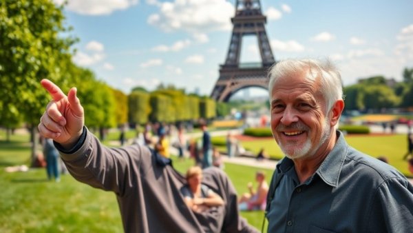Man pointing at Eiffel Tower in Paris park, things you must do in Paris.
