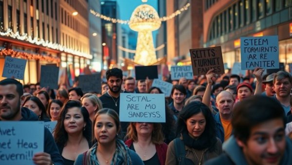 Protest against Alex Pretti immigration policy on festive city street.