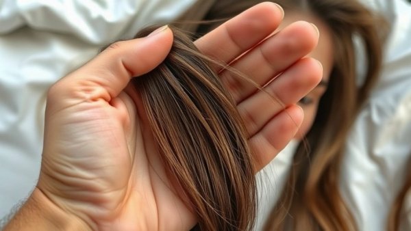 Hand holding hair strands on pillowcase indicating hair fall.