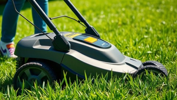 Kobalt cordless mower deal, blue mower on green lawn, sunny day.