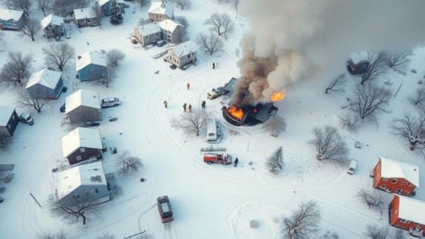 Aerial view of Philadelphia fire safety incident with firefighters and smoke.