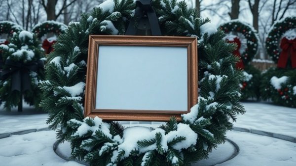 Alex Pretti memorial wreath with photo and message in snow.