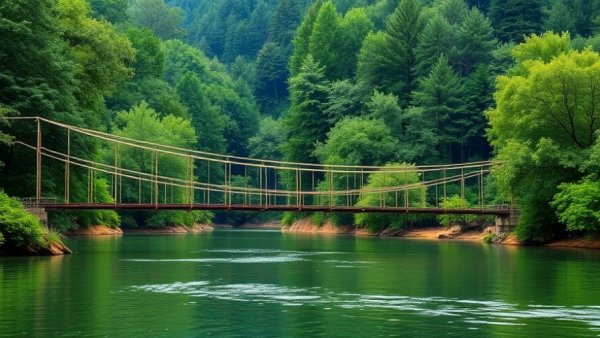 Rustic suspension bridge over river in Pennsylvania forest