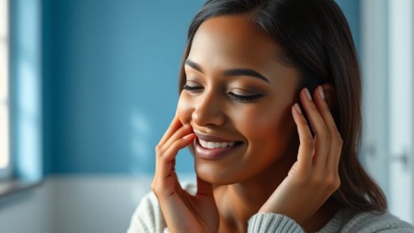 Woman relaxing, touching face, building collagen with GLP-1.