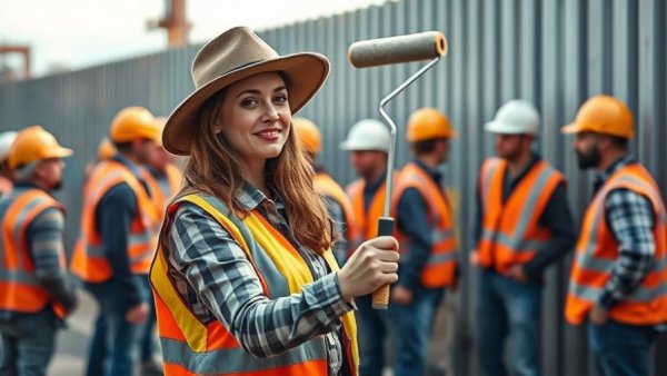 Woman painting steel structure with workers, illustrating immigration impact.