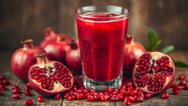 Collagen-boosting drink with pomegranate juice and seeds.