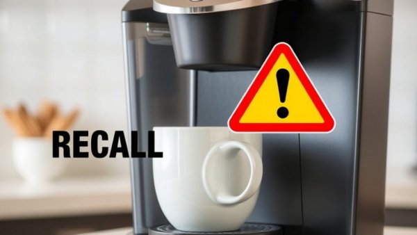 Keurig Coffee Pod Recall warning with brewing coffee.