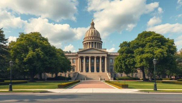 Government building with a dome, cloudy sky, and trees.