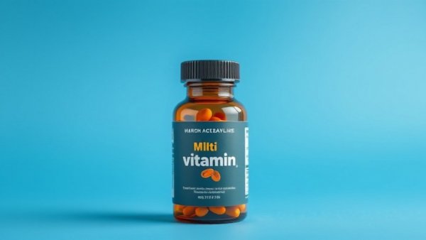 Amber multivitamin bottle highlighting health benefits against blue background.