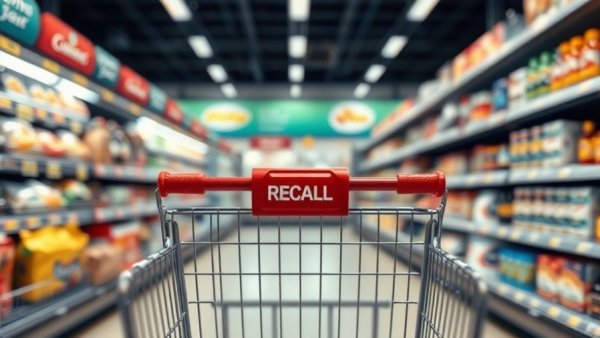Shopping cart in store aisle with a red recall sign, indicating product issues.