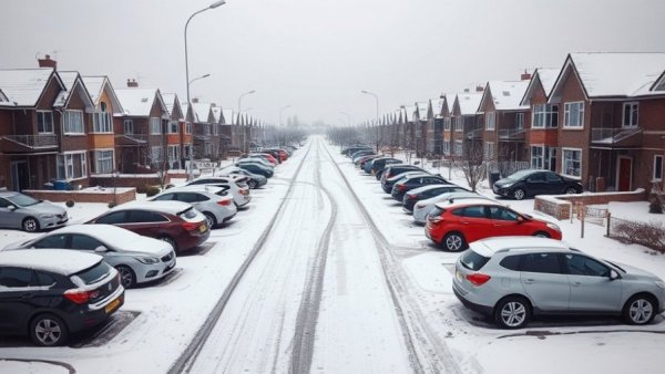 Suburban neighborhood covered in snow with parked cars.
