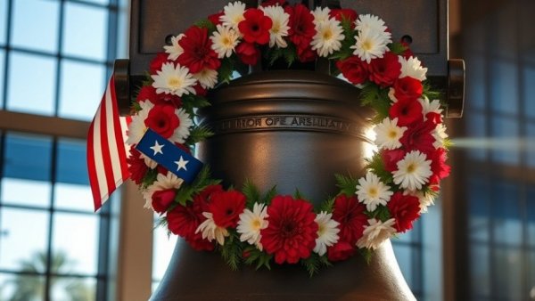 National Freedom Day Ceremony at Liberty Bell with sunlight streaming through a patriotic wreath.