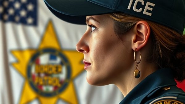 Woman in uniform with ICE cap in front of U.S. Border Patrol flag, body cameras for immigration agents.