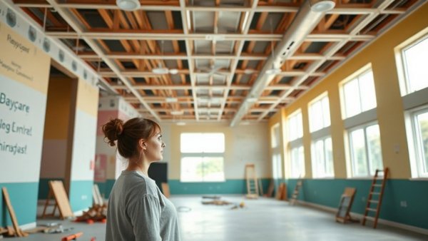 Daycare reconstruction in Pennsylvania with a woman surveying progress.