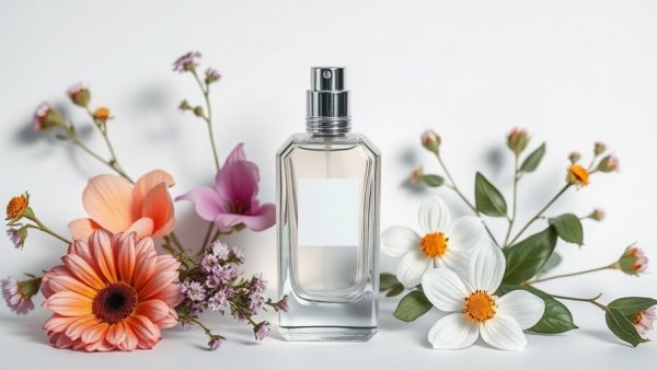 Elegant fragrance milk bottle with floral accents on white background.